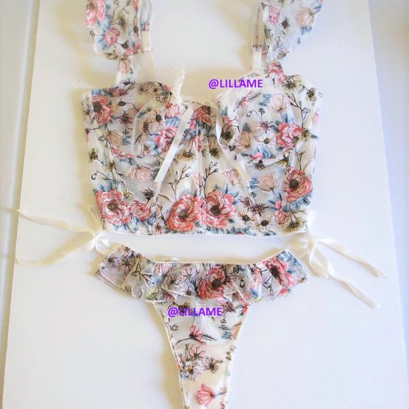 Victoria's Secret Other - VICTORIAS SECRET Dream Angels Unlined Bra Top Set 34C/M Embroidered Ruffle Thong